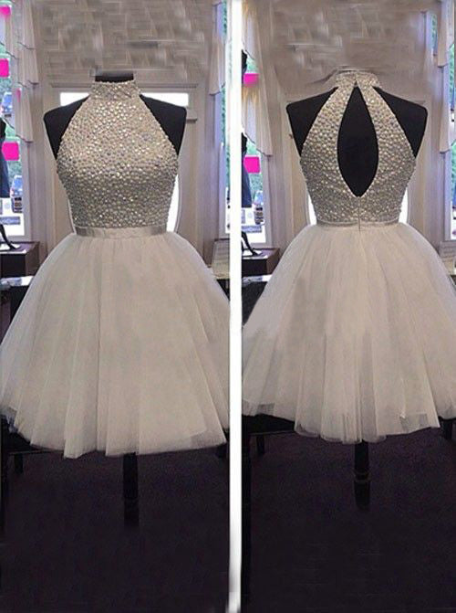 A Line Roberta Homecoming Dresses Tulle Sleeveless Halter Backless Cut Out Pleated White Beading