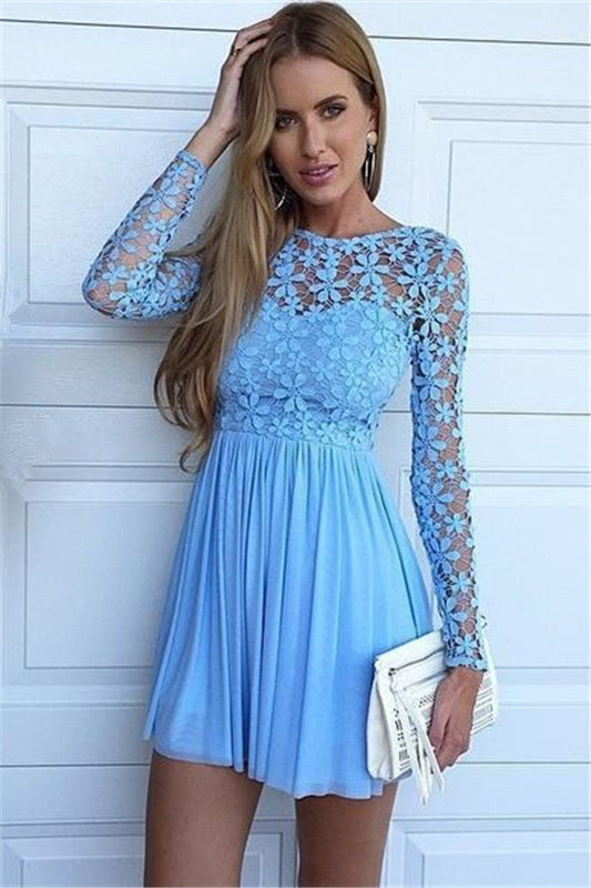 Jewel Long Sleeve Blue Hollow Lace Homecoming Dresses Anne Chiffon A Line Flowers Pleated