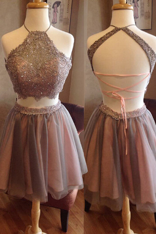 Halter A Line Two Pieces Homecoming Dresses Esmeralda Backless Sleeveless Straps Tulle Pleated