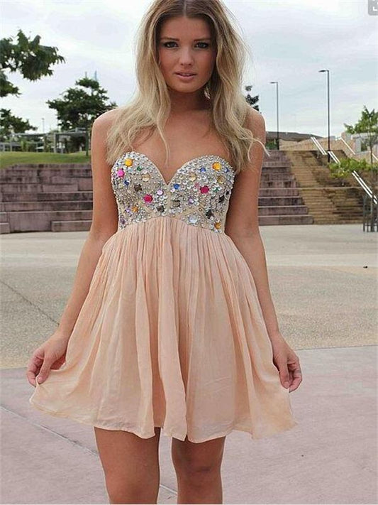 Strapless Sweetheart Pleated Rhinestone Sparkle Rylee Ivory A Line Homecoming Dresses Chiffon Short