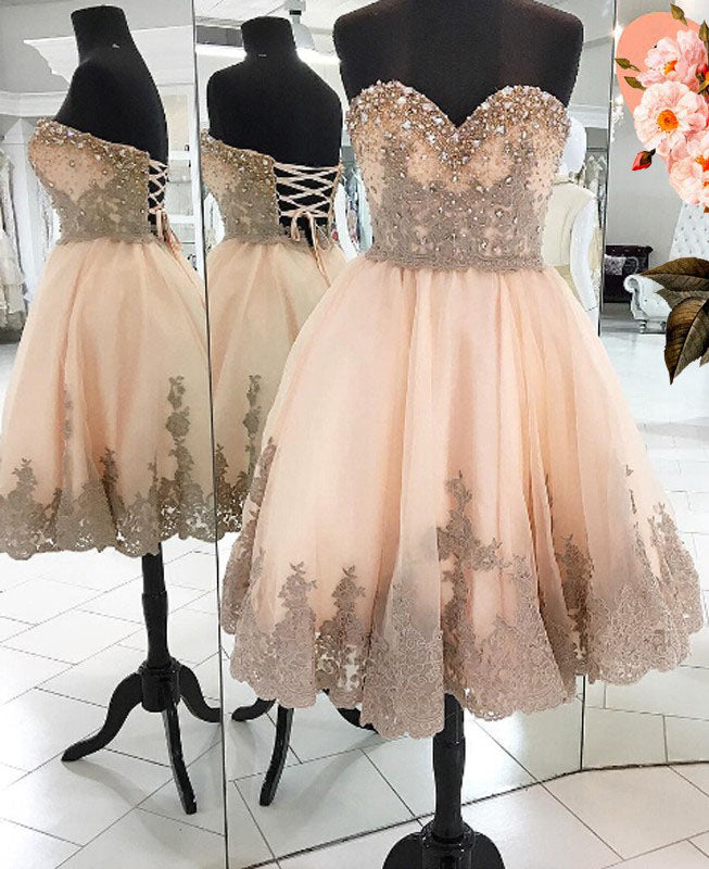 Strapless Sweetheart Backless Homecoming Dresses Elianna A Line Lace Appliques Rhinestone Pleated