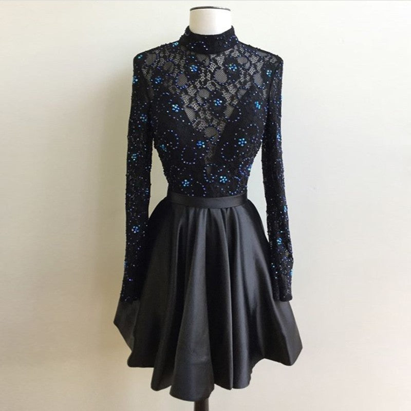 Beading Homecoming Dresses A Line Luna Lace Satin Pleated Black Long Sleeve High Neck Short