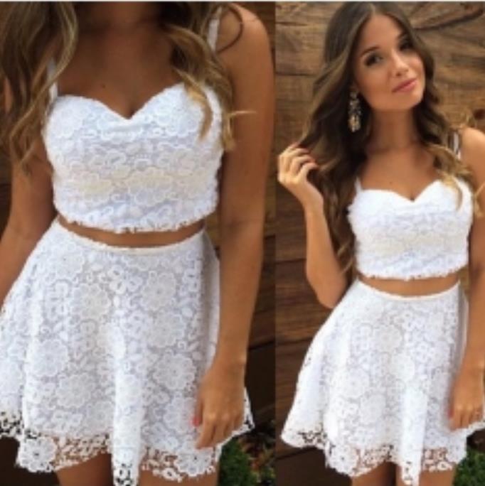 Spaghetti Straps Sweetheart White Chana Homecoming Dresses Lace Two Pieces A Line Short