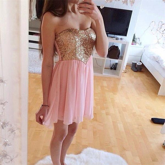 Strapless Sweetheart Pleated A Line Chiffon Katherine Pink Homecoming Dresses Short Sequins