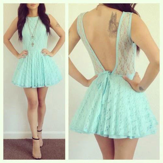 Backless A Line Homecoming Dresses Lace Christina Jewel Sleeveless Pleated Blue Hollow Short
