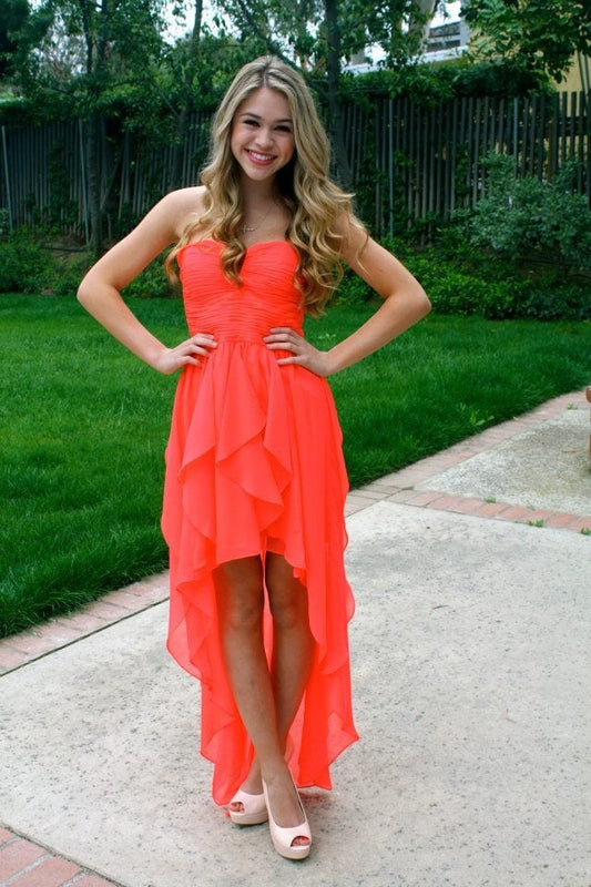 High Low Chiffon A Line Morgan Homecoming Dresses Strapless Sweetheart Coral Pleated