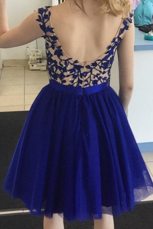 Backless Sleeveless Tulle Appliques Royal Blue Juliet A Line Homecoming Dresses Pleated