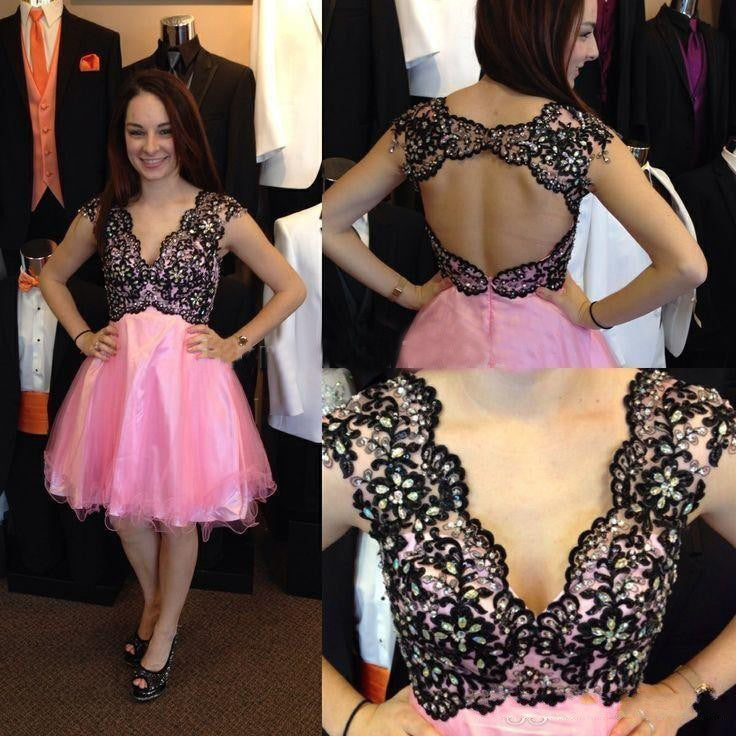 Cap Sleeve V Neck Pink Lace A Line Homecoming Dresses Elvira Backless Appliques Rhinestone Organza