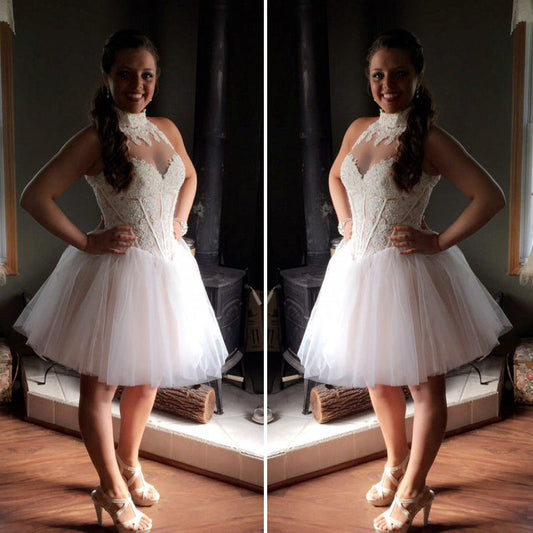 High Neck Sleeveless Sheer Ball Homecoming Dresses Mattie Ivory Gown Appliques Pleated Tulle