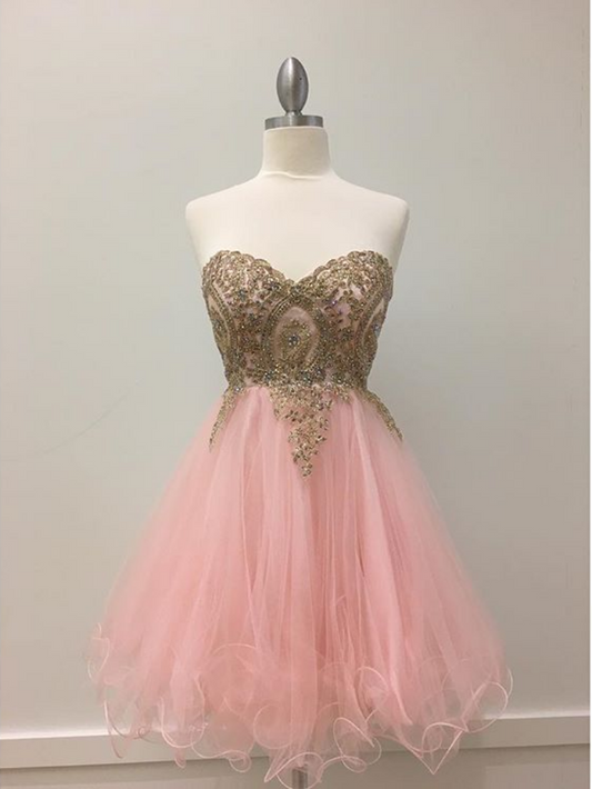 Strapless Homecoming Dresses Gillian Pink Sweetheart Organza Pleated Appliques Beading