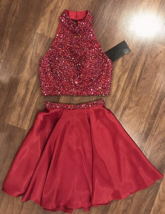 Halter Sleeveless Red Beading Ruby A Line Satin Two Pieces Homecoming Dresses Pleated Short