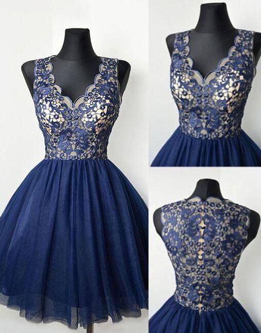 V Neck Sleeveless A Line Muriel Homecoming Dresses Appliques Tulle Pleated Navy Blue