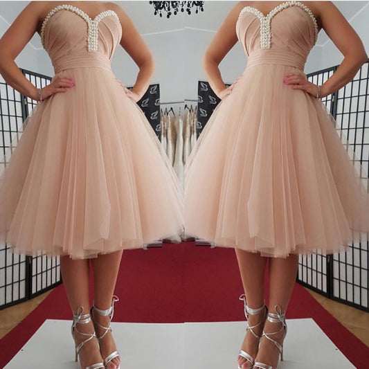 Pearls Strapless Sweetheart A Line Cristina Homecoming Dresses Backless Tulle Pleated Ruched