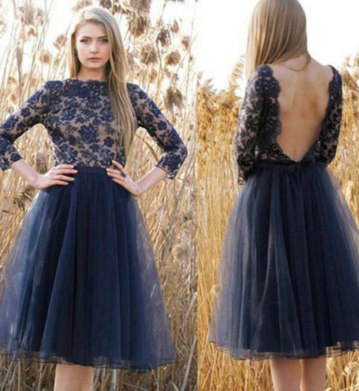 Jewel Long Sleeve Dark A Line Homecoming Dresses Lesly Lace Navy Backless Flowers Tulle Pleated