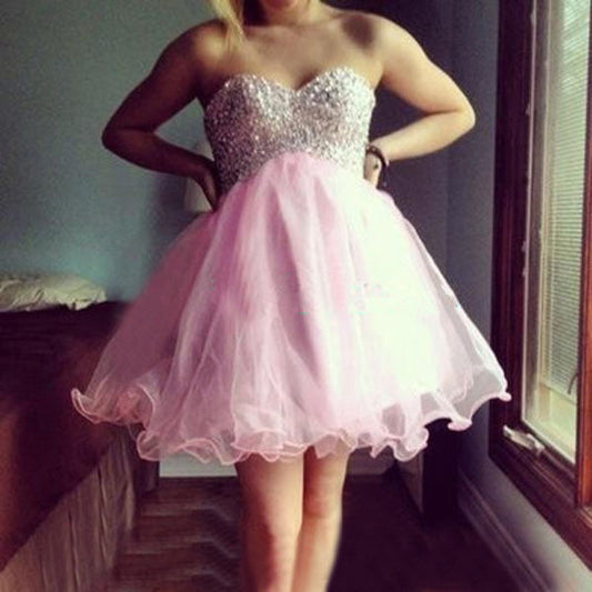 Organza Pleated Strapless Sweetheart Homecoming Dresses Sibyl A Line Pink Beading Short
