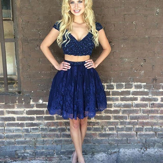 Cap Sleeve Deep V Neck Madalynn Homecoming Dresses A Line Lace Two Pieces Dark Navy Beading
