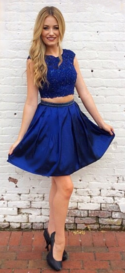 Cap Sleeve Homecoming Dresses Margery Satin Two Pieces A Line Royal Blue Pleated Appliques Short