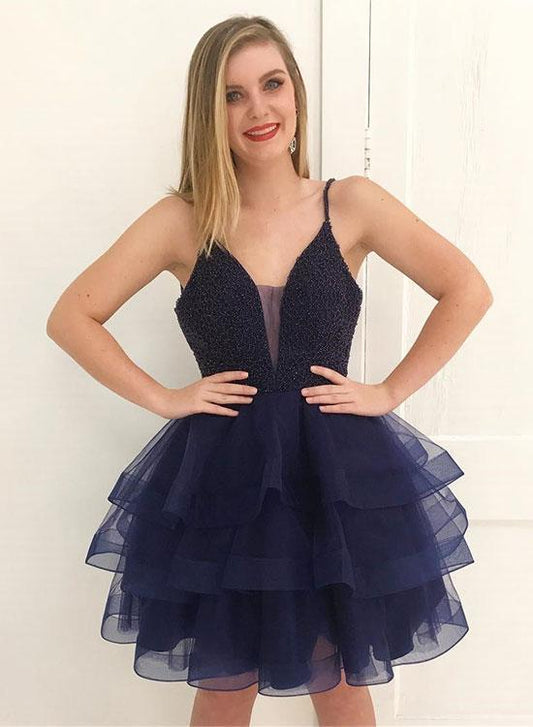 Spaghetti Straps Deep V Homecoming Dresses Liz Neck Ball Gown Tiered Dark Navy Organza