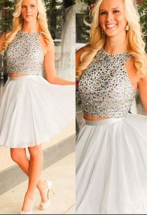 Halter Homecoming Dresses Chiffon A Line Two Pieces Denise Sleeveless White Beading