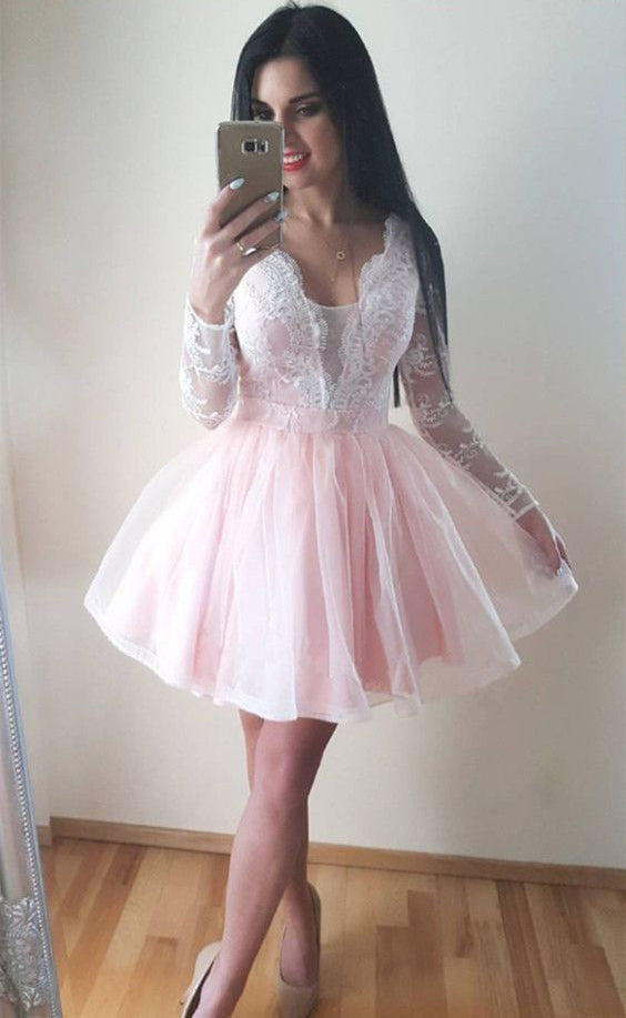 Long Sleeve Sheer Tulle Pleated Lace Pink Homecoming Dresses Lucille Short Deep V Neck Exquisite