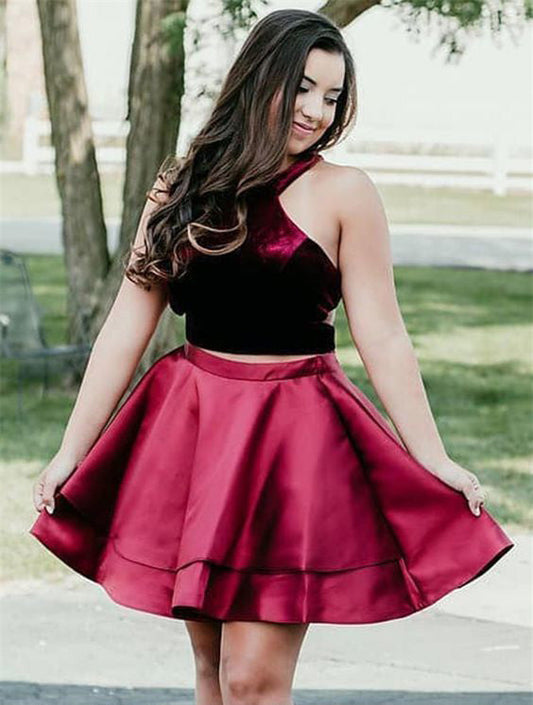 Halter Sleeveless Burgundy Lina Satin Two Pieces Homecoming Dresses Pleated Short