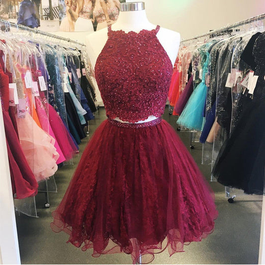 Lace Two Pieces Homecoming Dresses Linda A Line Burgundy Halter Sleeveless Appliques Organza