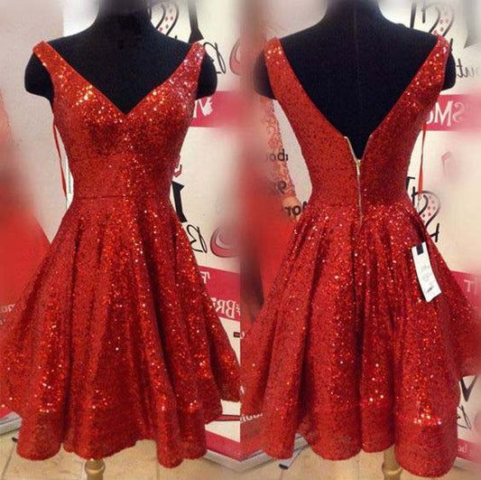 V Neck Sleeveless Backless Pleated Homecoming Dresses A Line Roselyn Sequins Red Sparkle