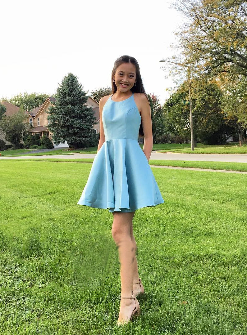 Halter Sleeveless Blue Simple A Line Homecoming Dresses Satin Evelyn Pleated Short