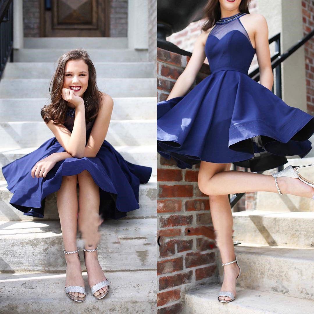 Halter See Through Navy Blue Pleated Satin Homecoming Dresses Macey A Line Short Sleeveless