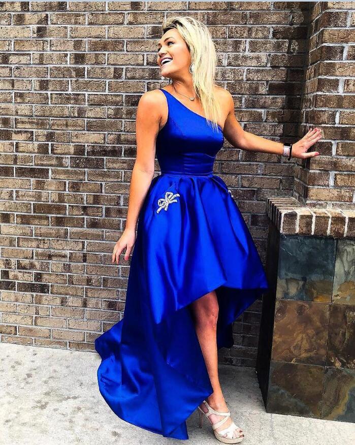 One Satin Homecoming Dresses Royal Blue Genesis Shoulder High Low Pleated Sleeveless Ball Gown