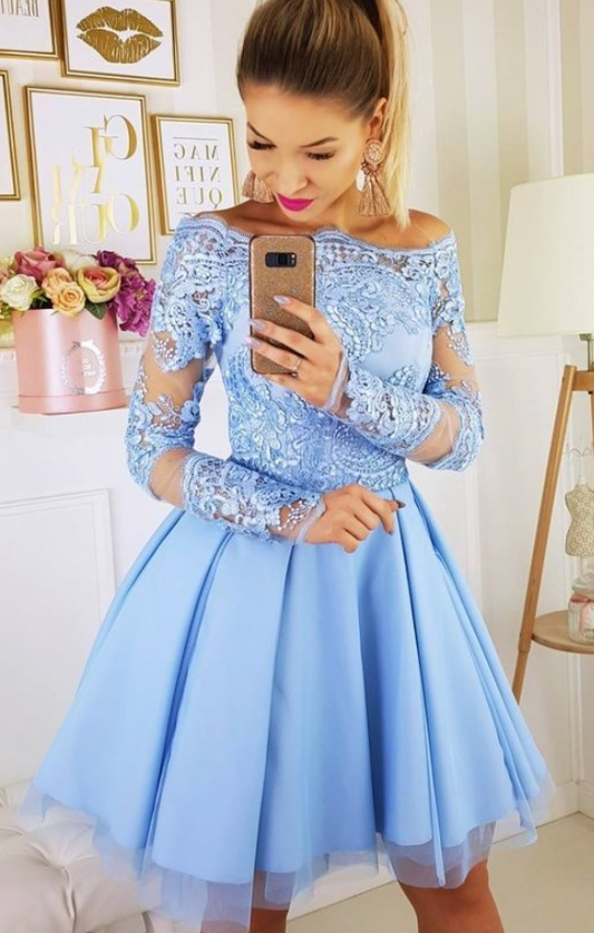 Long Sleeve Homecoming Dresses A Line Brynn Lace Off The Shoulder Appliques Pleated Tulle Short