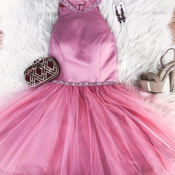 Halter Tulle Sleeveless Short Pleated Simple Kara Homecoming Dresses Pink A Line Beading