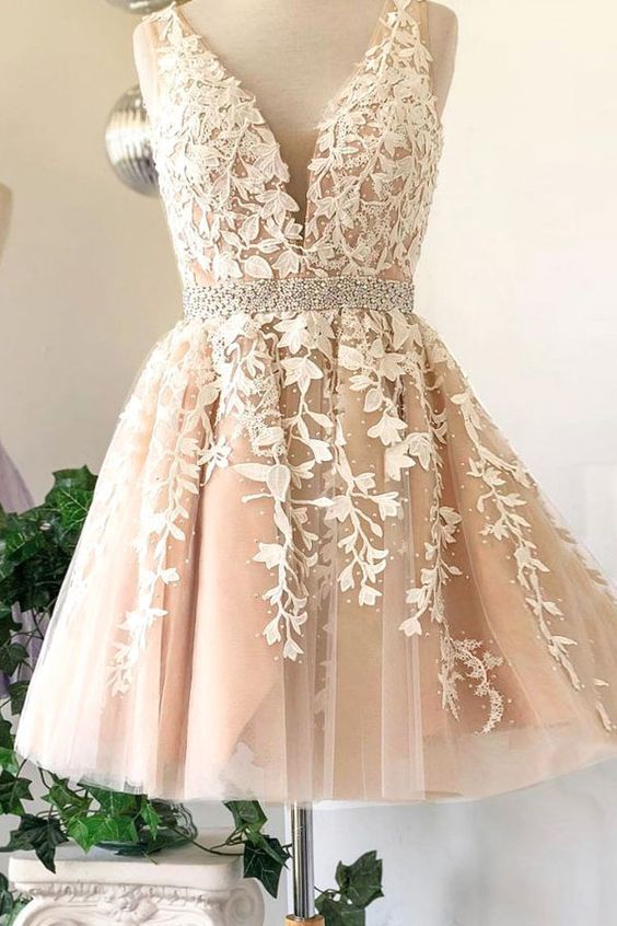 A Line Lace Ivory Theresa Homecoming Dresses Deep V Neck Sleeveless Tulle Appliques Pleated