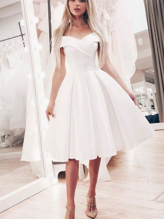 A Line Homecoming Dresses Satin Ivory Alexa Off The Shoulder Pleated Knee Length