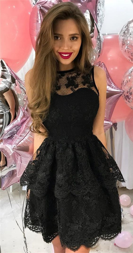 Sheer Halter Sleeveless Tiered Black A Line Leilani Homecoming Dresses Lace Flowers Short