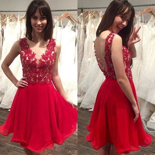 Sheer Red Appliques Organza Pleated Backless Short A Line Rayne Homecoming Dresses Sleeveless