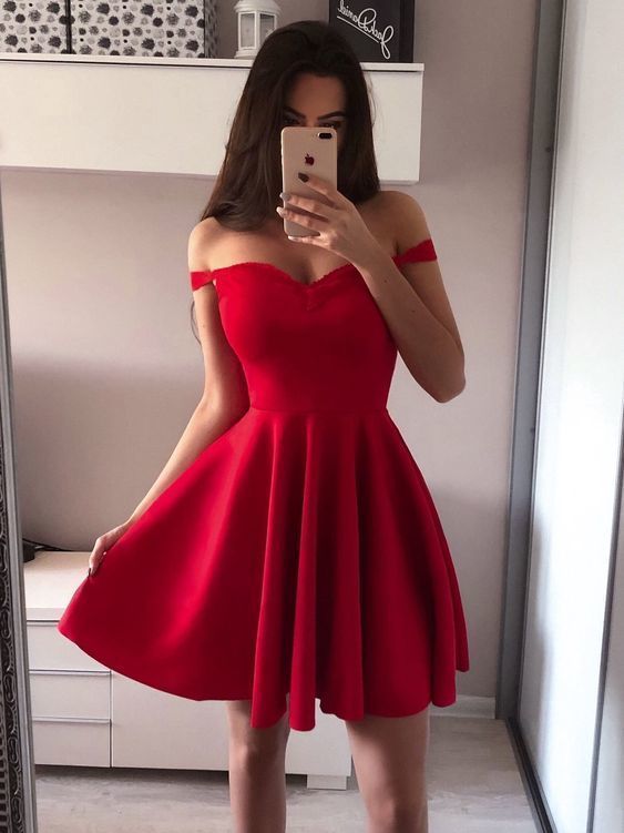 Satin Homecoming Dresses A Line Alina Red Off The Shoulder Sweetheart Pleated Short