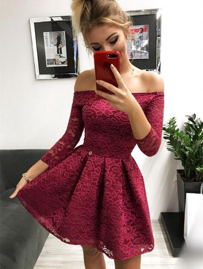 3/4 Sleeve Off The Shoulder Lace A Line Homecoming Dresses Mavis Pleated Short Burgundy Flowers