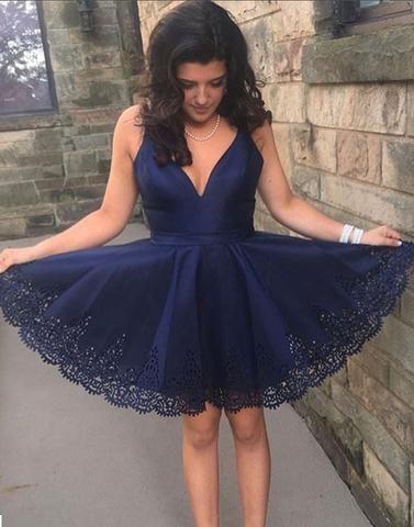 Homecoming Dresses A Line Satin Summer Lace Sleeveless Deep V Neck Pleated Navy Blue Sexy