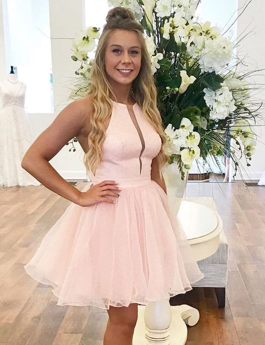 Halter Organza Short Pleated Sleeveless Simple Homecoming Dresses A Line Arely Pink Elegant