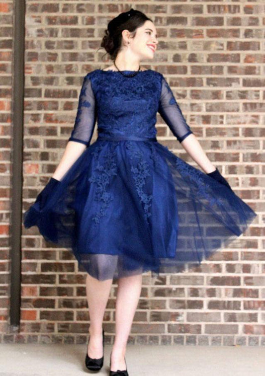 Bateau Navy Blue Half Sleeve Alexis Homecoming Dresses A Line Tulle Appliques Pleated Elegant