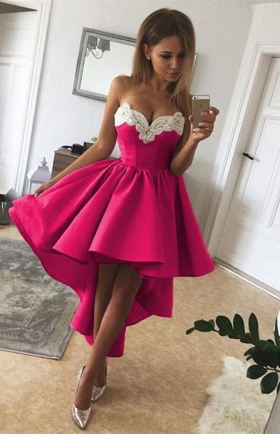 High Low Fuchsia A Line Henrietta Homecoming Dresses Strapless Sweetheart Appliques Pleated