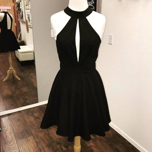 Halter Black Sleeveless Cut Out Pleated Backless A Line Satin Homecoming Dresses Christine Short