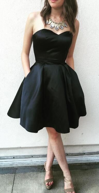 Black Strapless Sweetheart Satin A Line Homecoming Dresses Makena Pockets Backless Pleated