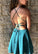 Halter Criss Cross Teal Miracle A Line Homecoming Dresses Chiffon Backless Appliques Short Pleated