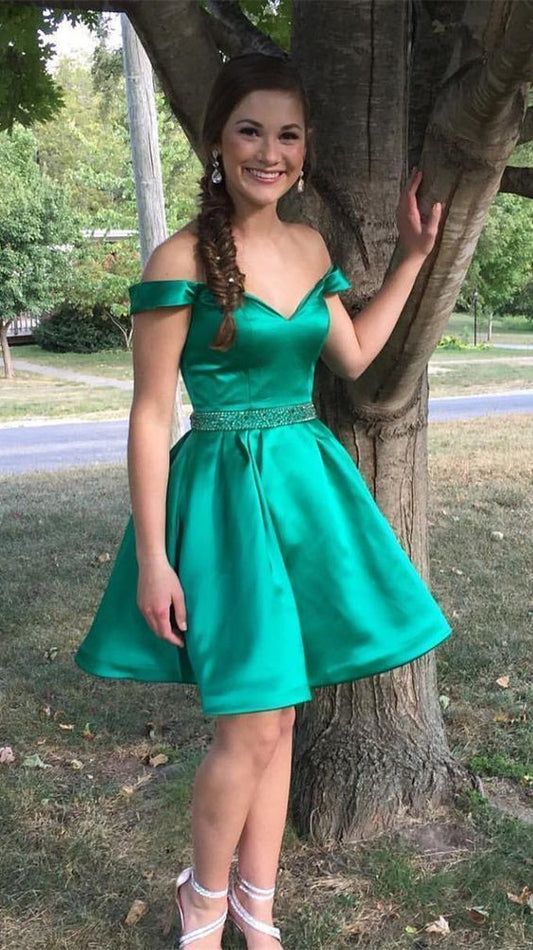 Jade Arielle Satin Homecoming Dresses A Line Off The Shoulder Pleated V Neck Beading Short