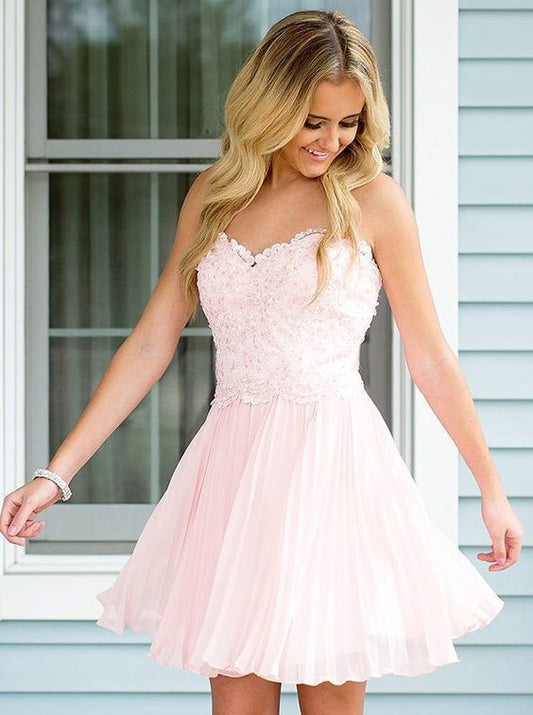 Strapless Sweetheart Pleated Appliques A Line Cailyn Pink Homecoming Dresses Chiffon Blushing Short