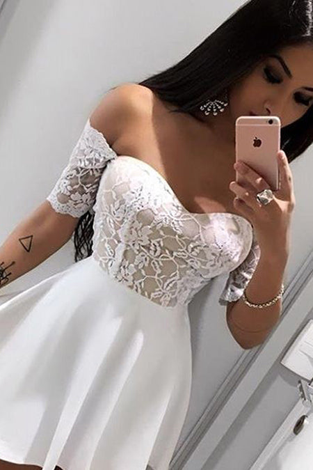Off The Shoulder Half Homecoming Dresses Lace Ivory A Line Angelique Satin Sleeve Short