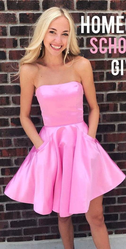 Homecoming Dresses Pink Mareli A Line Satin Strapless Straight Sleeveless Pleated Short Pockets