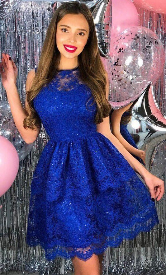 Jewel Sleeveless Pleated Royal Blue A Line Aliya Homecoming Dresses Lace Elegant Sexy Short
